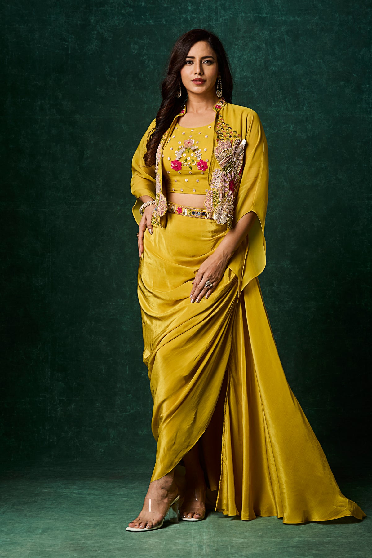 Mustard Yellow Draped Skirt Set with Embroidered Jacket – Three-Piece