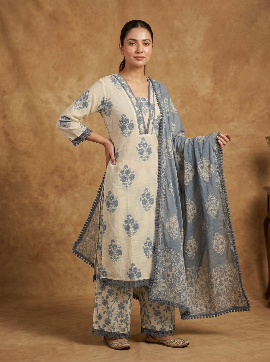Ivory Blue Floral Block Print Cotton Kurta Set for Women – Straight Suit with Palazzo & Dupatta