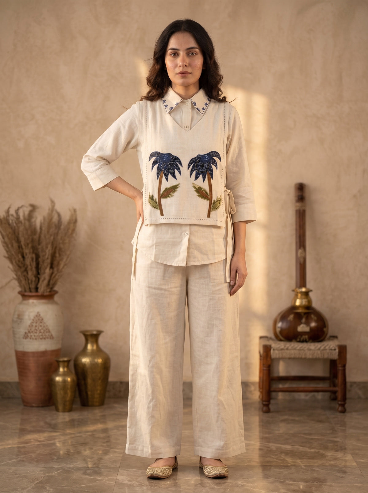Ivory Cotton Linen Co-ord Set with Floral Appliqué