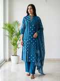 Teal Blue Ikat Print Cotton Kurta Pant Set with Dupatta