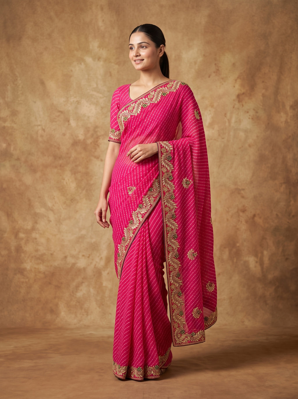 Rani Pink  Leheriya Georgette Saree with Gold Embroidered Border & Blouse Piece