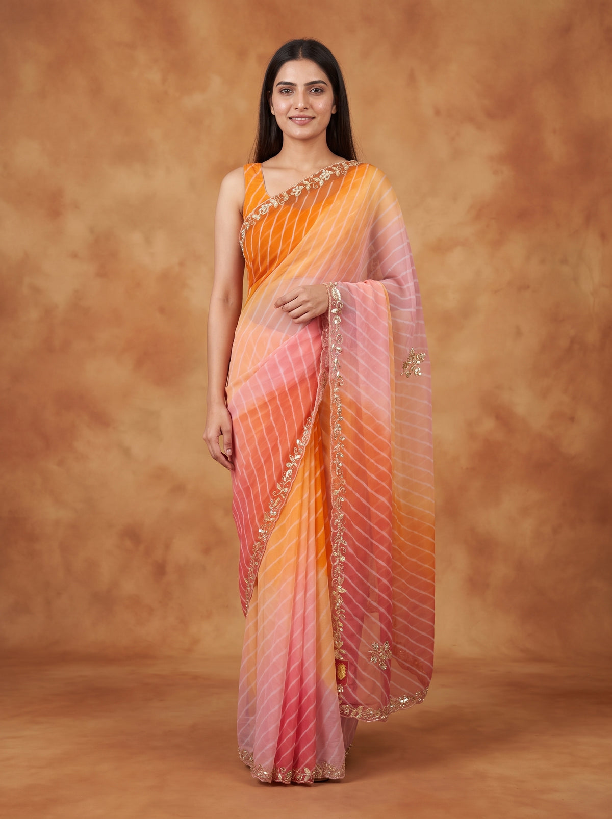 Orange & Peach Ombre Leheriya Georgette Saree with Kat Dana Work & Blouse Piece