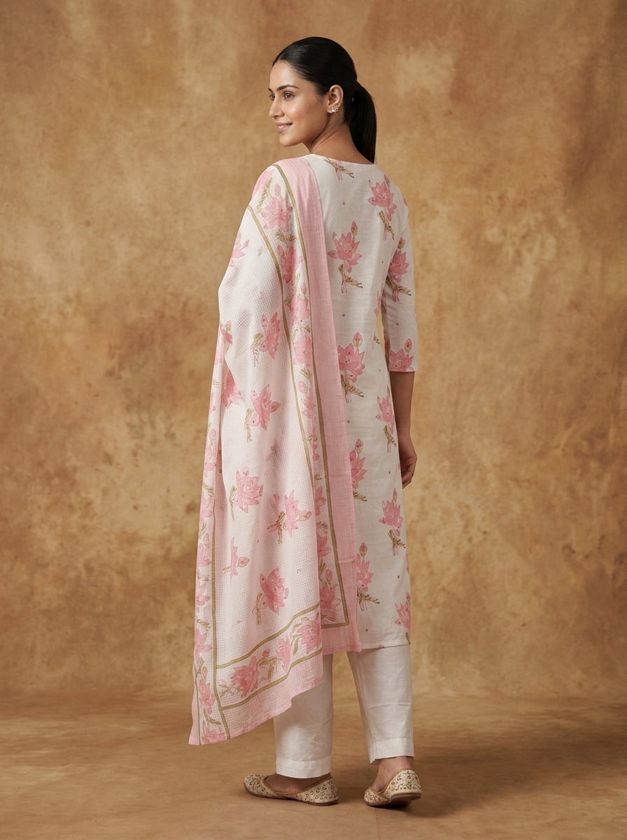 White Pink Lotus Print Cotton Kurta Set for Women – Straight Suit with Dupatta