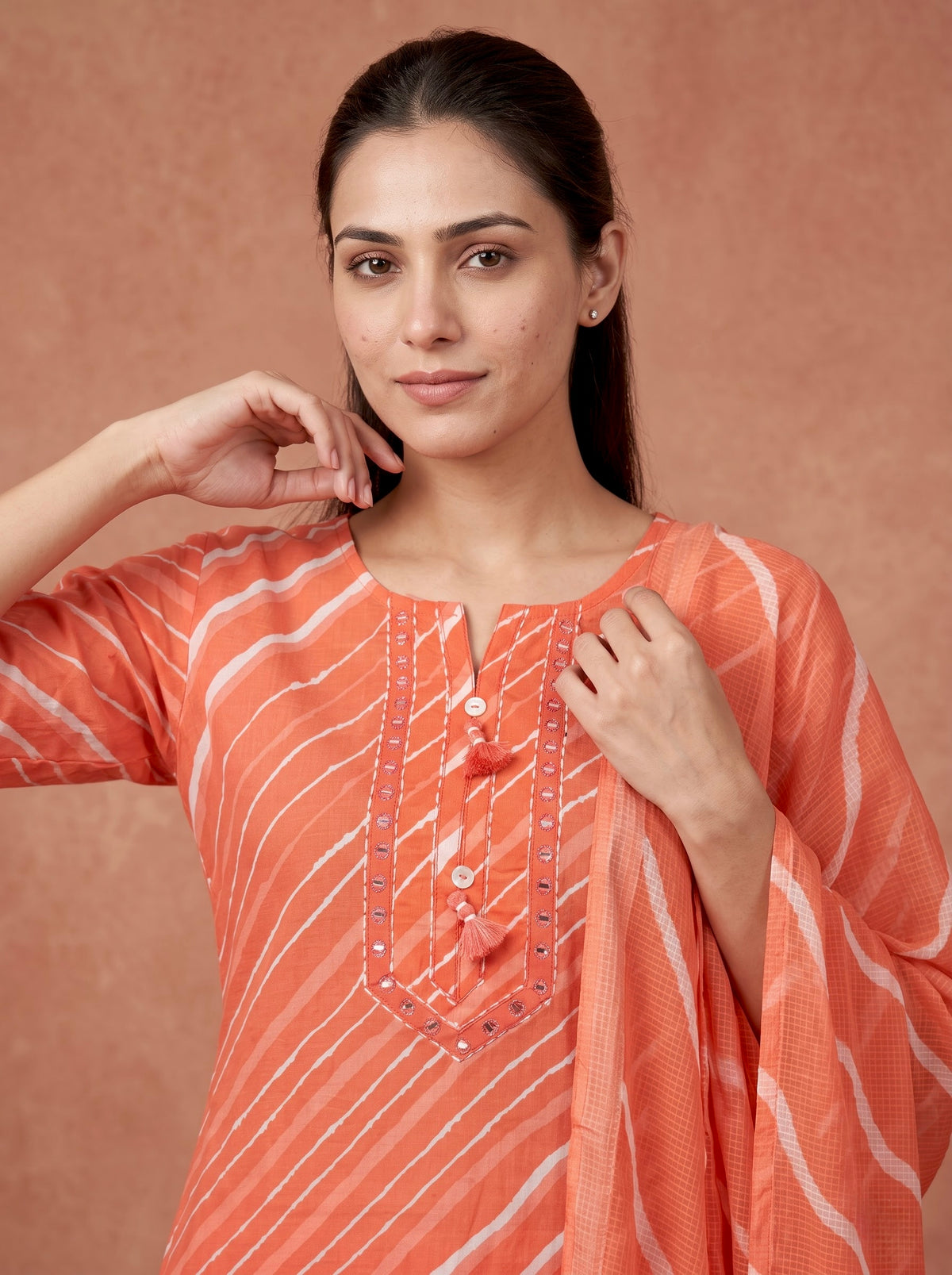 Peach Leheriya Print Premium Cotton Kurta Set
