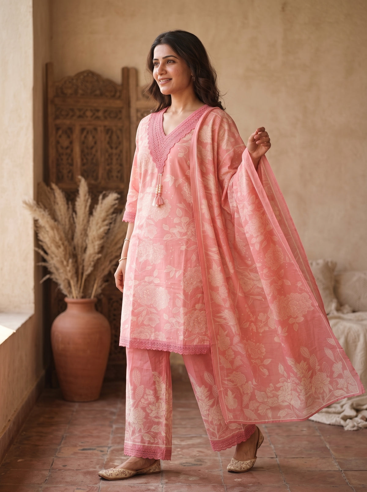 Pink Floral Print Cotton Kurta Set with Lace & Dupatta