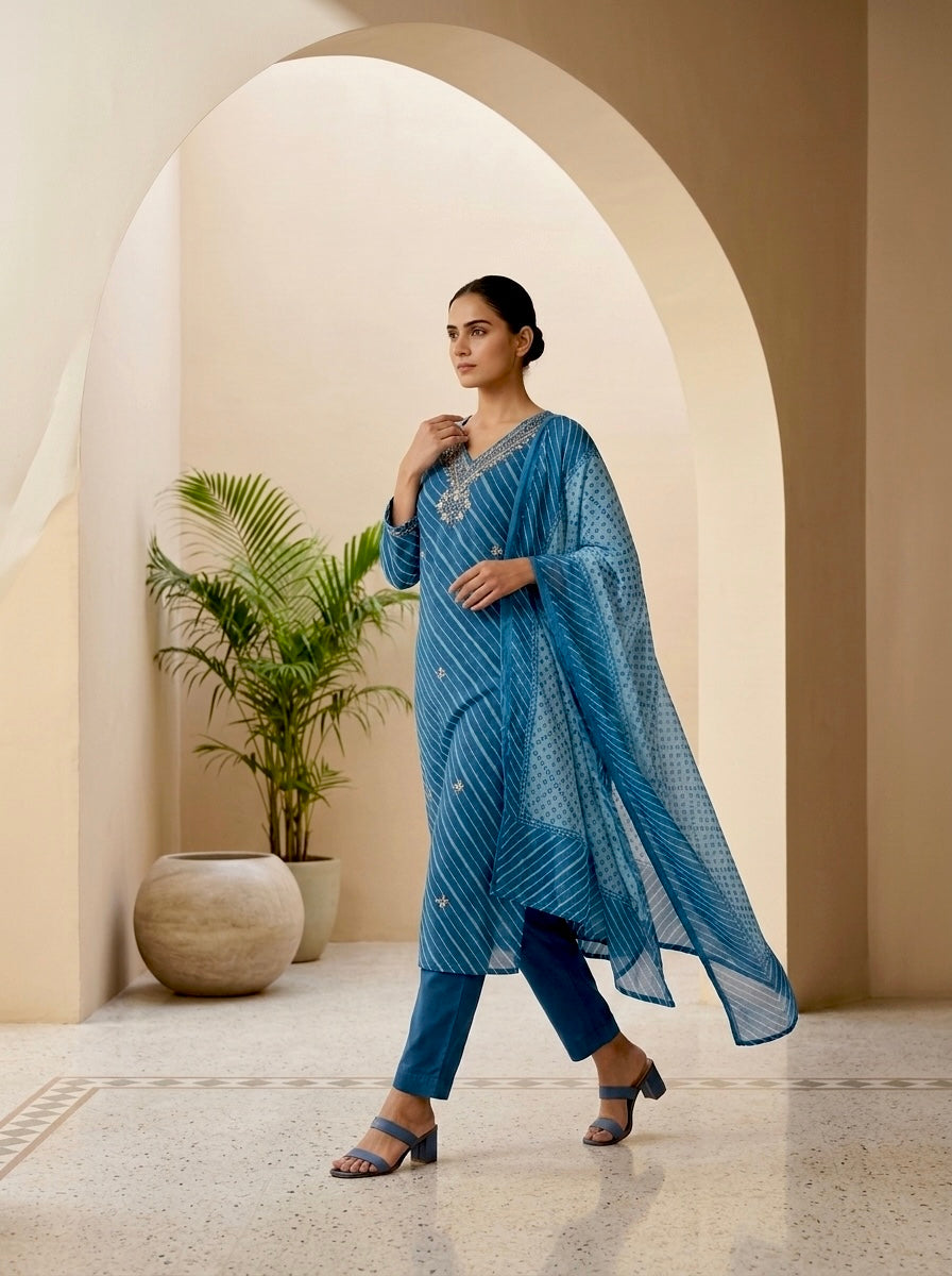 Teal Blue Leheriya Printed Kurta Pant Set with Dupatta