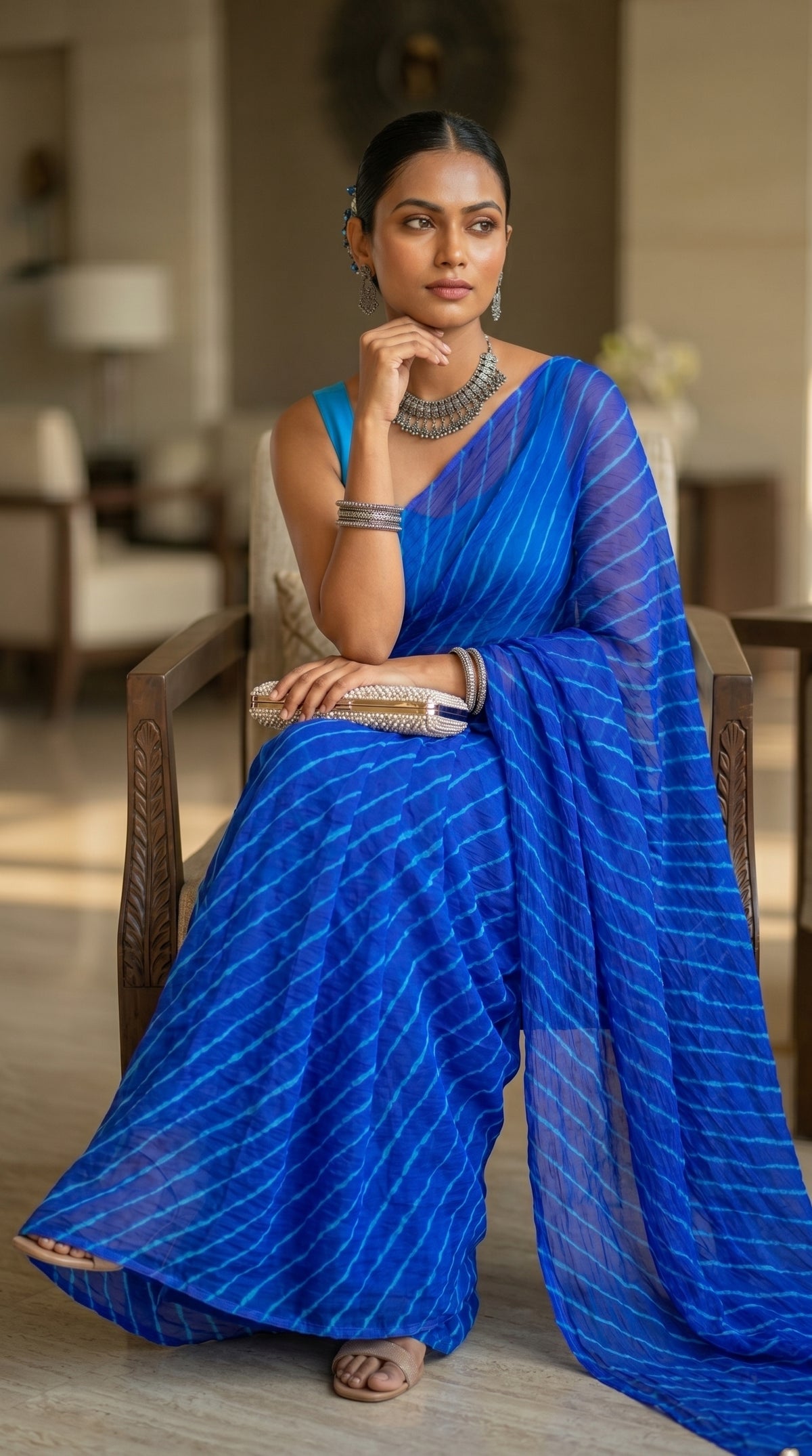 Royal Blue Leheriya Georgette Saree with Blouse Piece