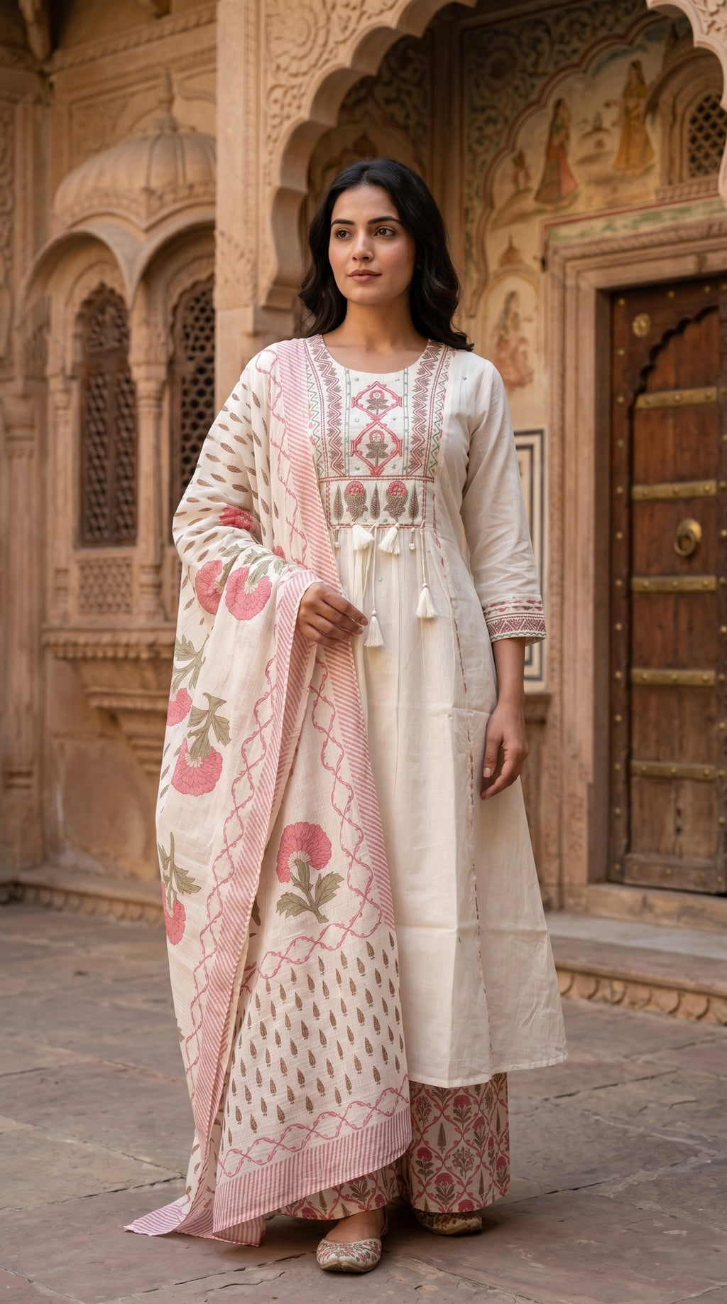 Ivory & Pink Floral Embroidered With  Block Print Cotton Kurta Set for Women – A-Line