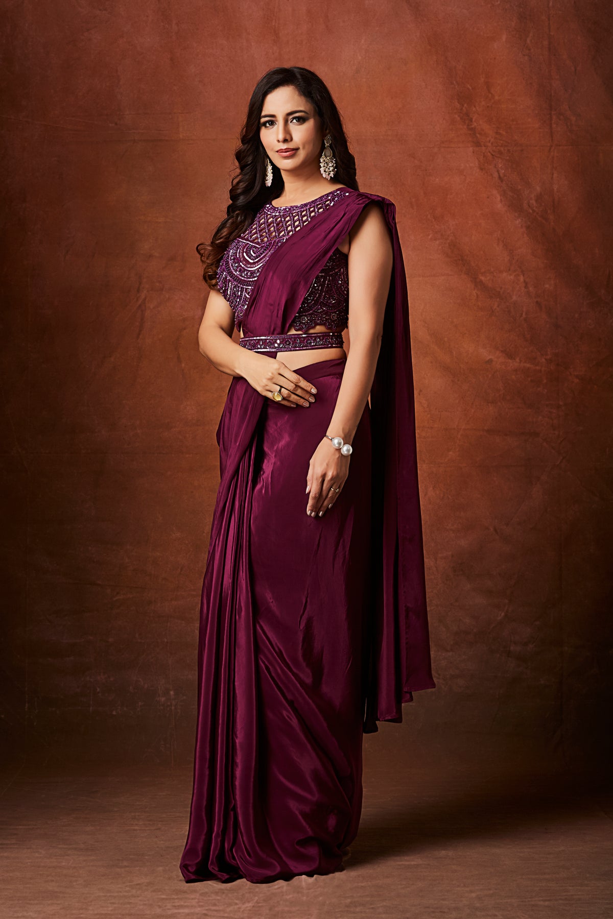 Plum Luxe Pre-Draped Saree Gown – Modern Indo-Western