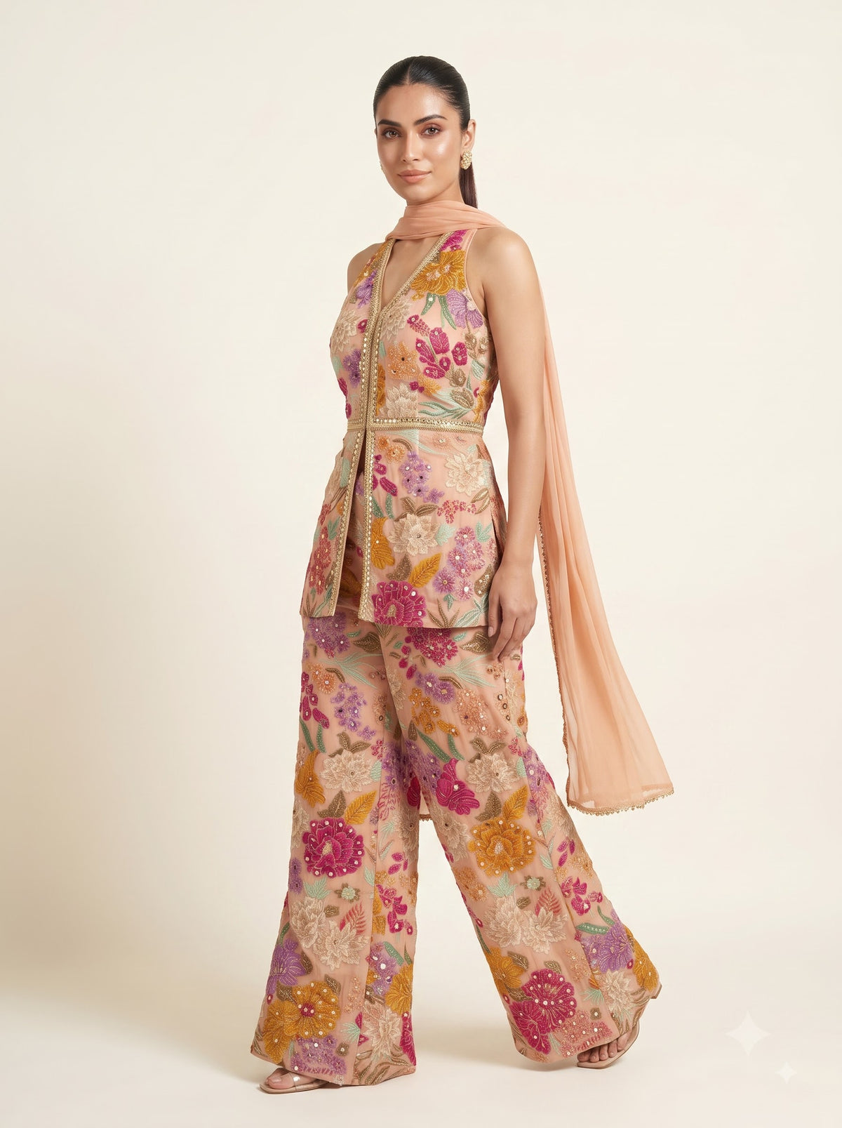Peach Georgette Multicolour Floral Embroidered Tunic & Palazzo Co-ord Set