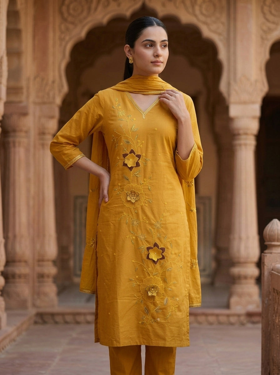 Mustard Yellow Floral Embroidered Cotton Kurta Set for Women – Straight Suit with Dupatta