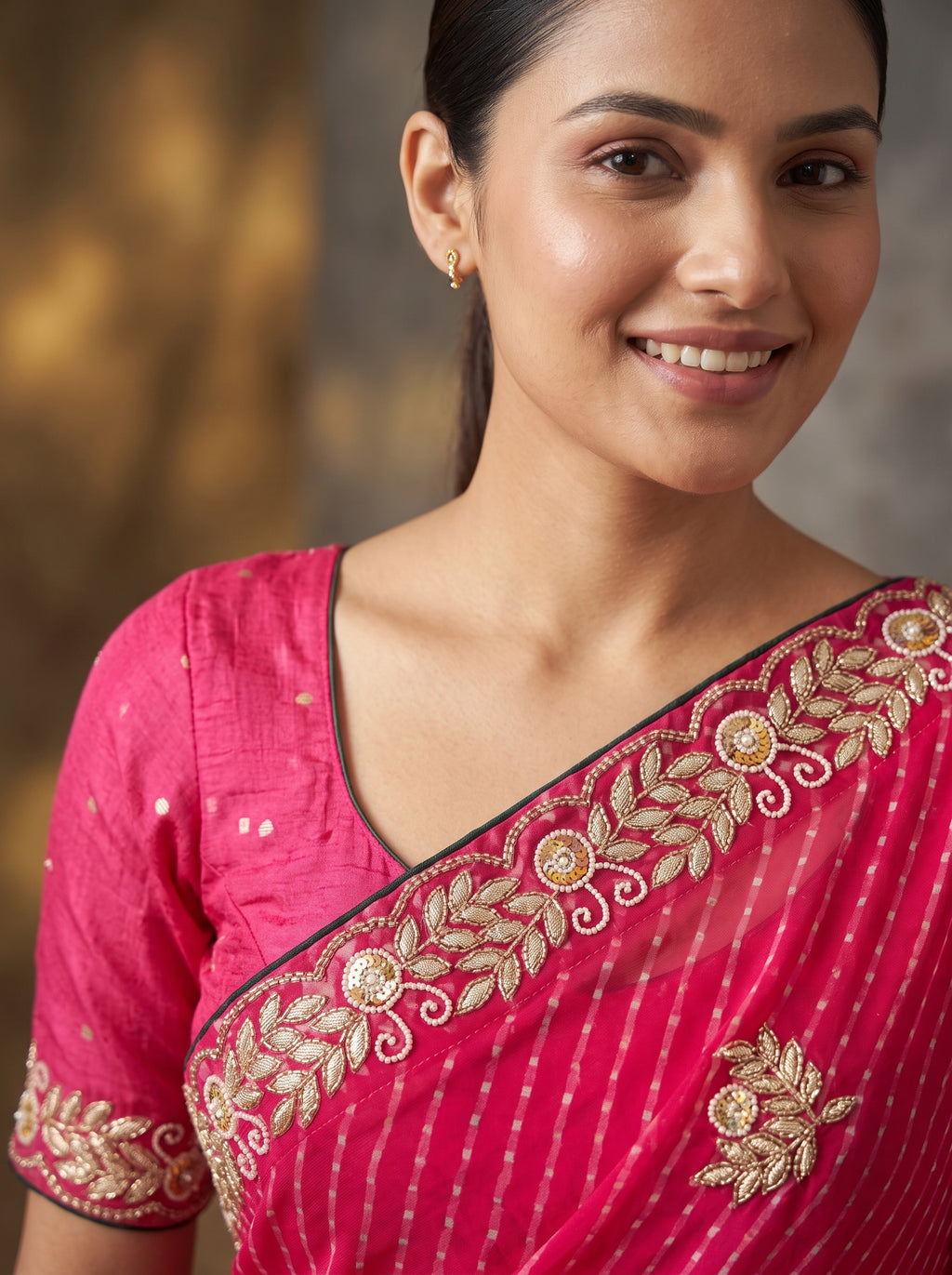 Rani Pink Leheriya Georgette Saree with Gold Zardozi Embroidered Border & Blouse Piece