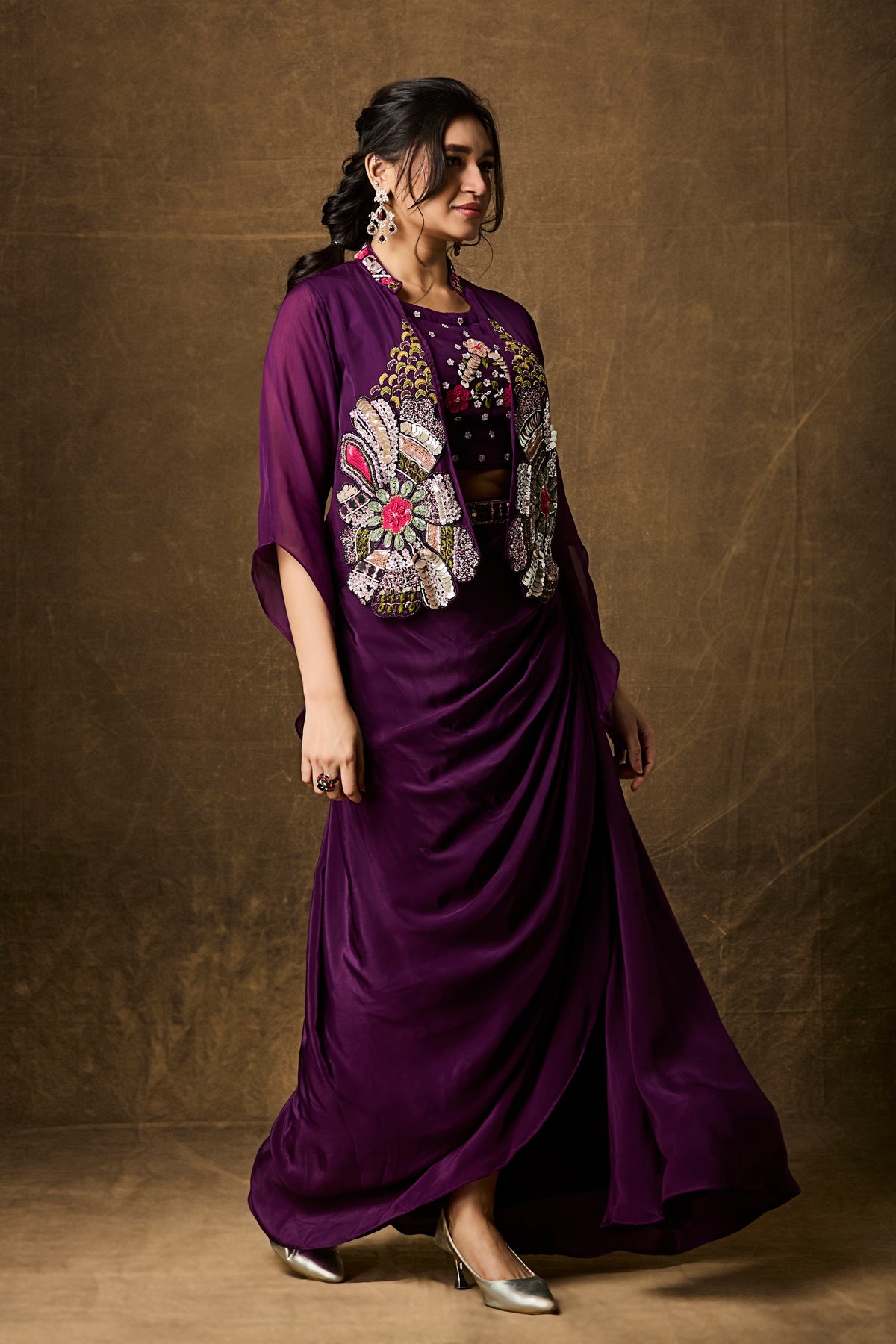 Purple Draped Skirt Set with Embroidered Jacket – Indo-Western Three-Piece