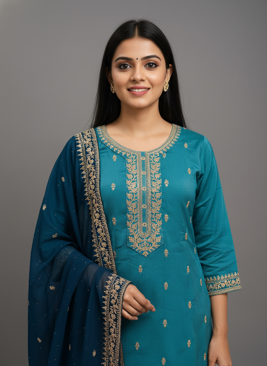 Firozee Straight-Cut Viscose Suit Set with Gold Zari Embroidery