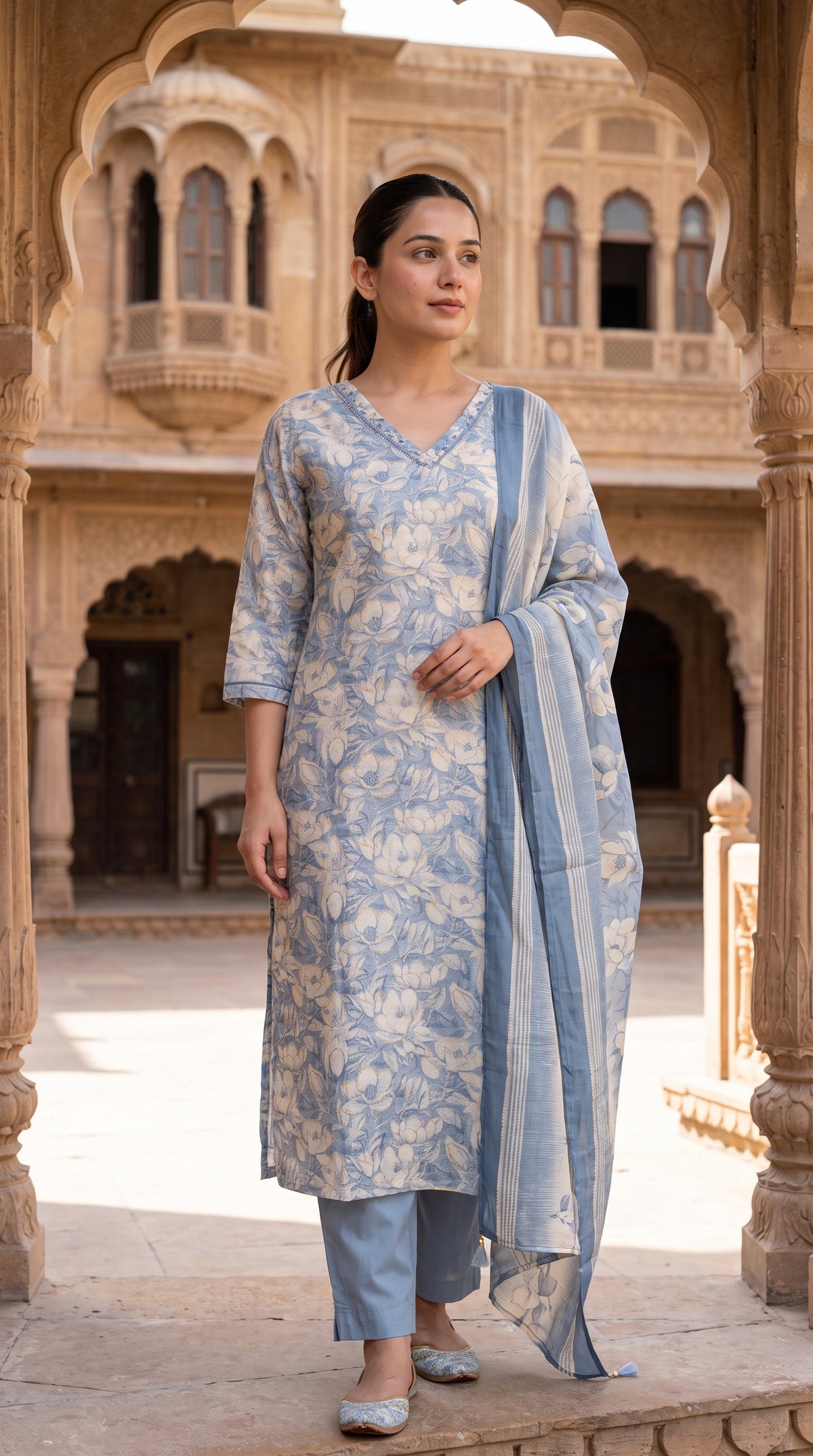 Blue Floral Print Cotton Kurta Set – Straight Suit with Dupatta