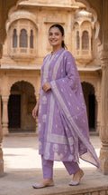 Lavender Block Print Cotton Kurta Set for Women – Straight Suit with Dupatta