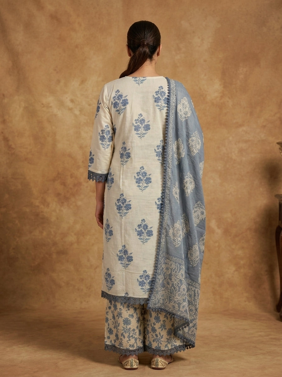 Ivory Blue Floral Block Print Cotton Kurta Set for Women – Straight Suit with Palazzo & Dupatta