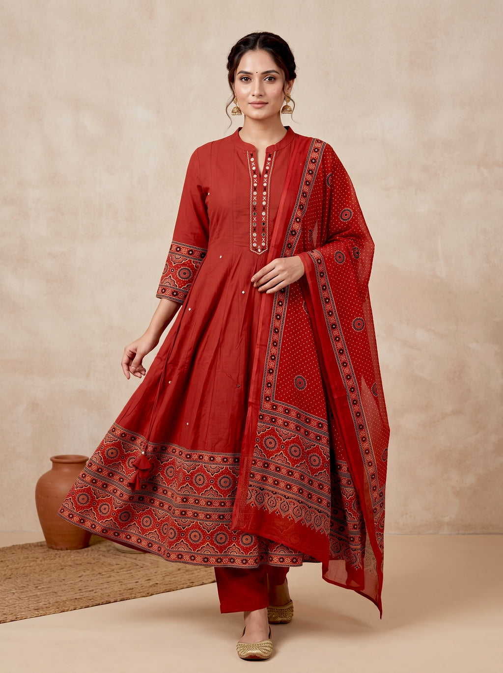 Rust Ajrakh Border Cotton Anarkali Set