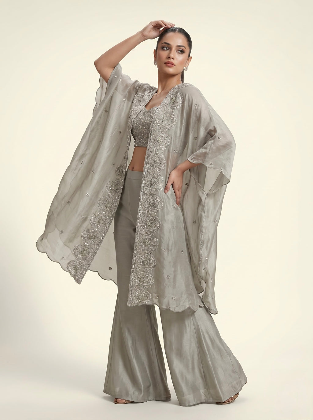 Silver Grey Italian Crepe Cape Set with Pearl Embroidered Crop Top & Palazzo