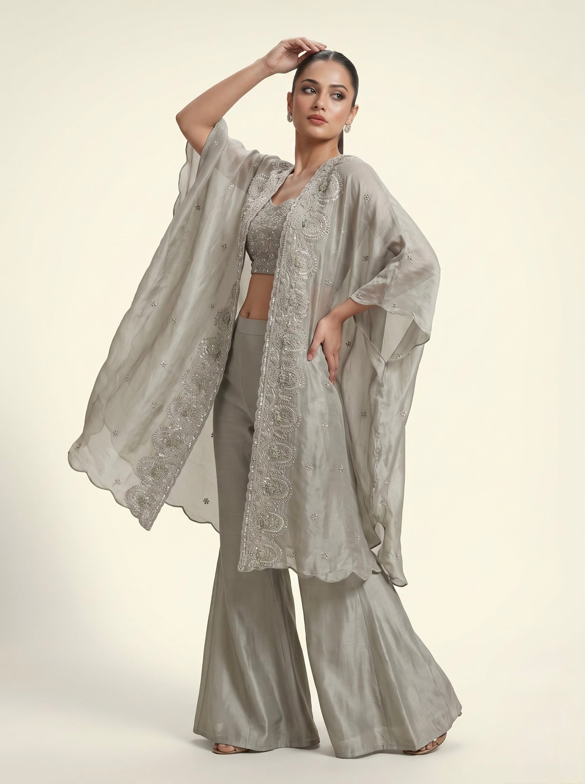Silver Grey Italian Crepe Cape Set with Pearl Embroidered Crop Top & Palazzo