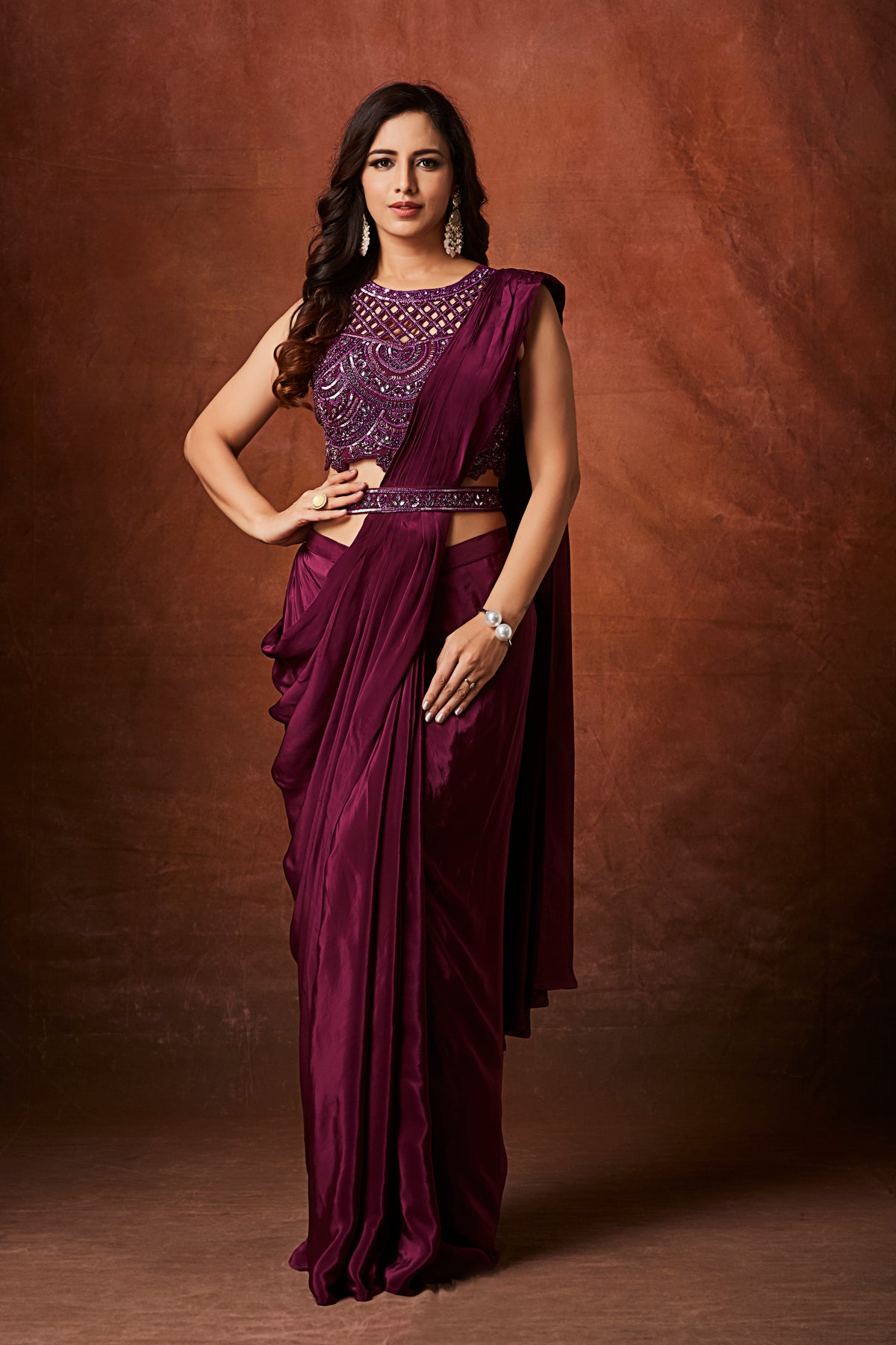 Plum Luxe Pre-Draped Saree Gown – Modern Indo-Western