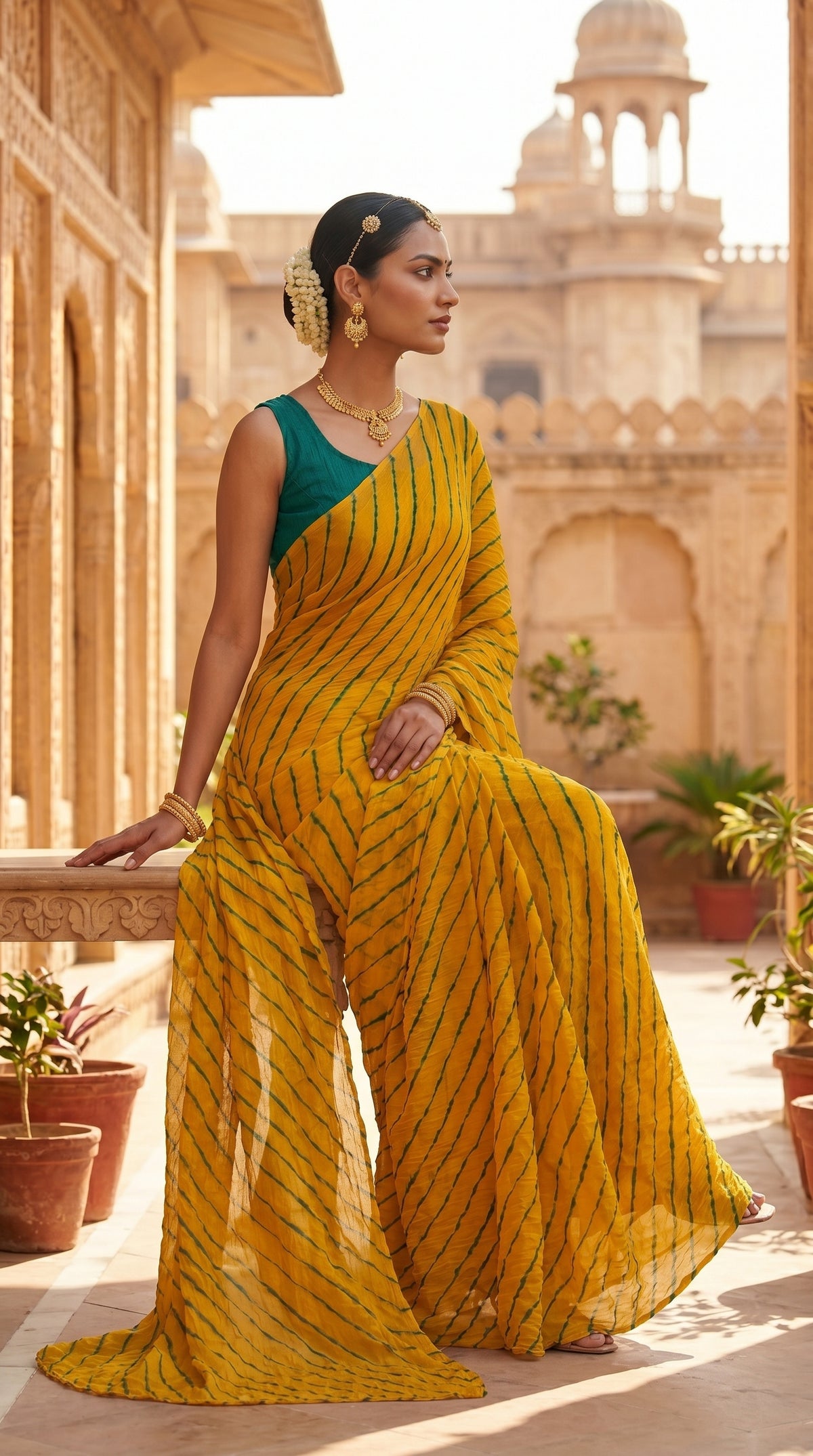 Mustard Yellow & Green Leheriya Georgette Saree with Blouse Piece