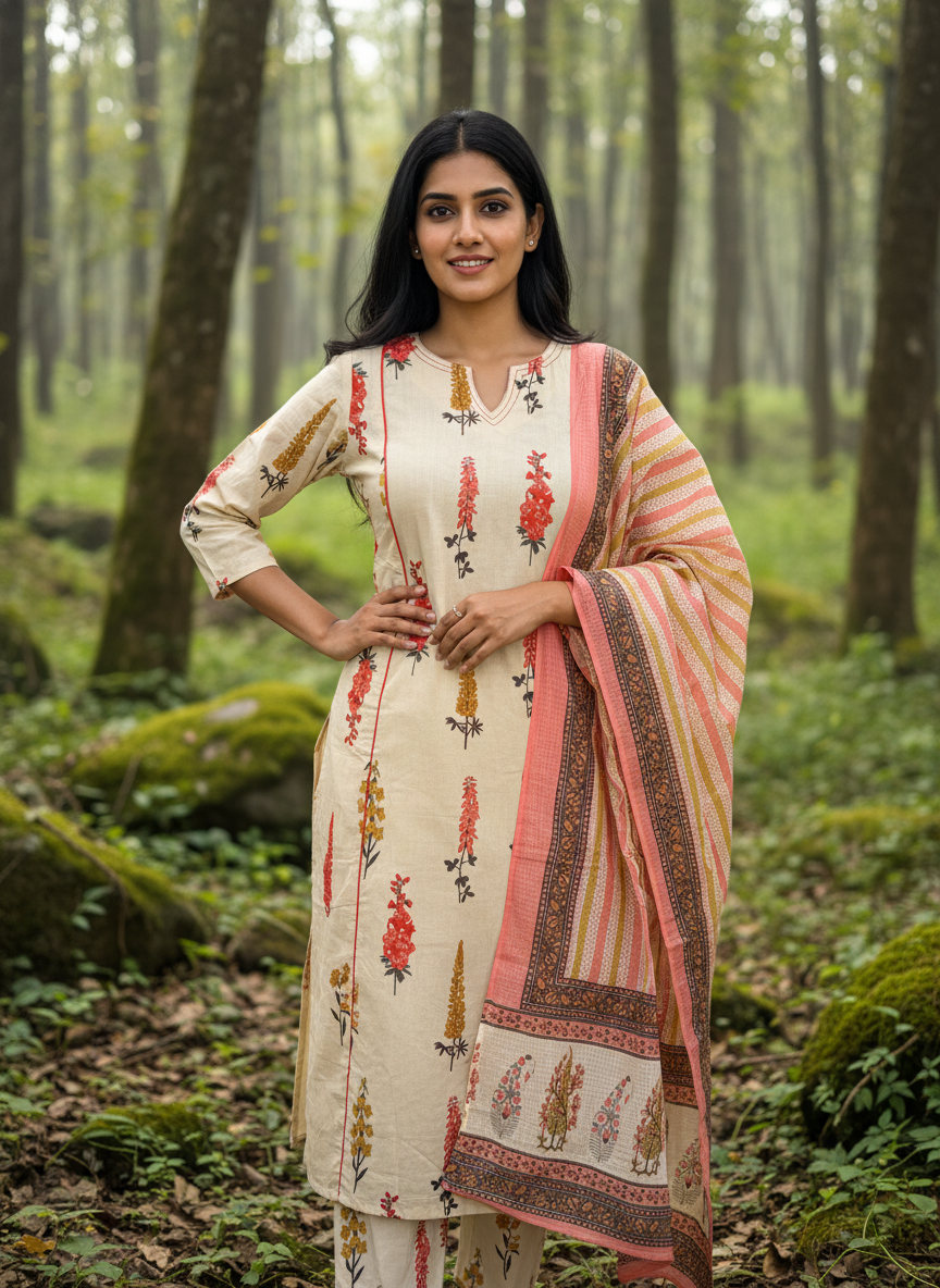 Beige Coral Floral Cotton Kurta Set for Women – A-Line Daily Wear Palazzo Suit