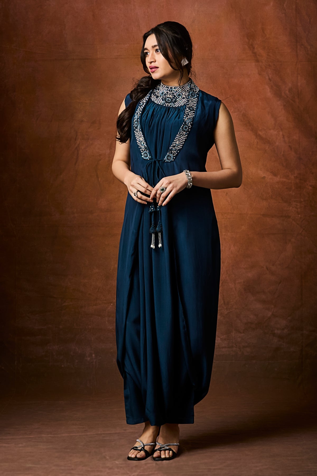 Sapphire Blue Moroccan-Inspired Jumpsuit with Beaded Collar