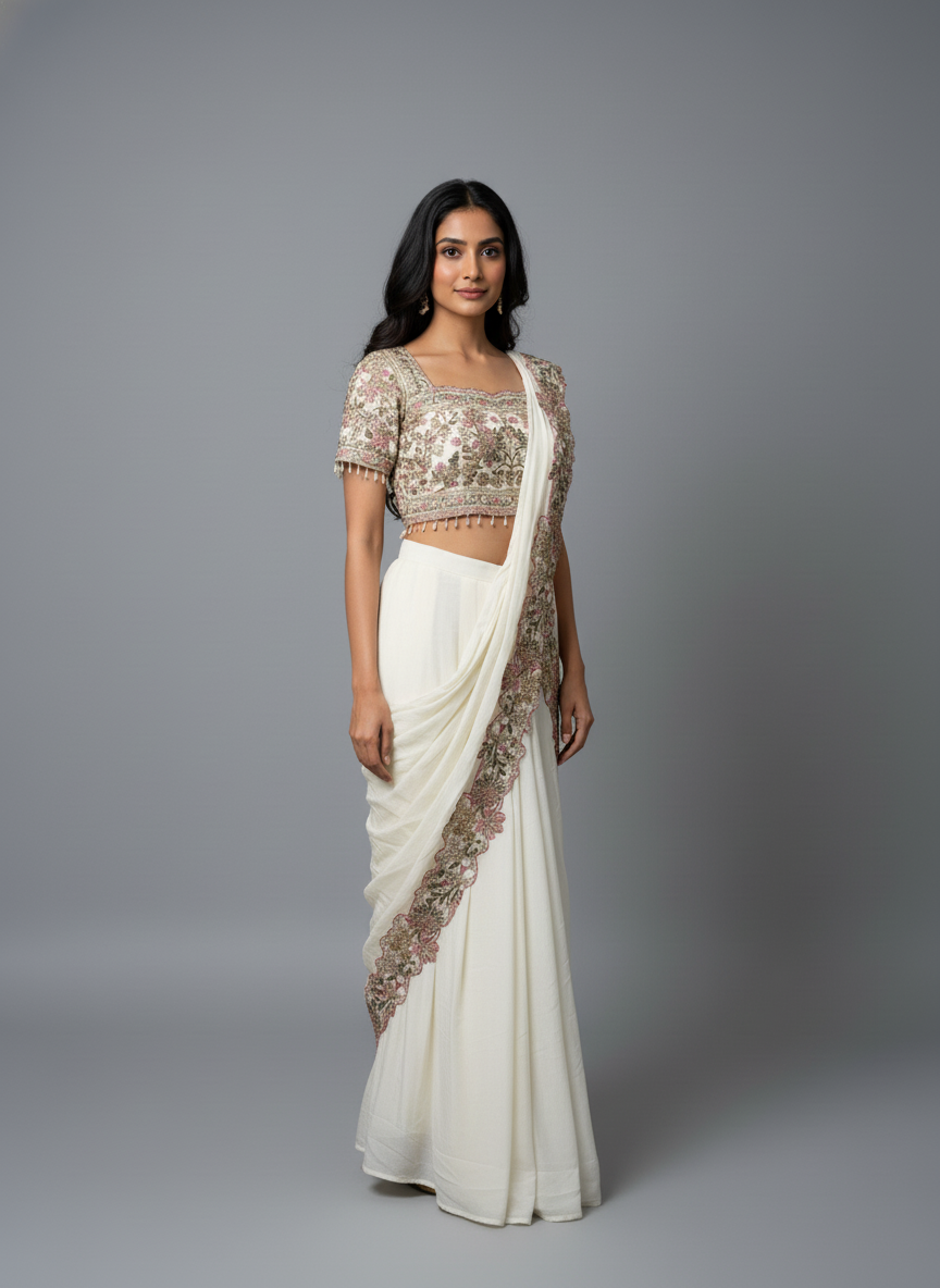 Cream Silk Saree with Heavy Embroidered Short-Sleeve Blouse