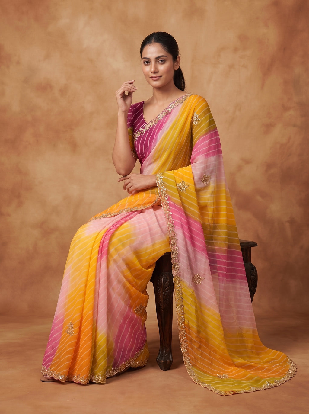 Pink Yellow & Magenta Leheriya Georgette Saree with Kat Dana Work & Blouse Piece
