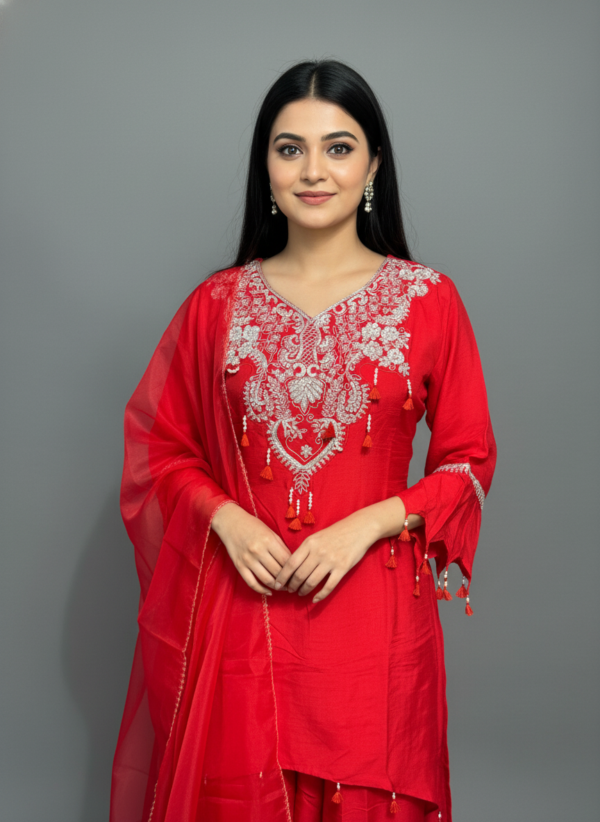 Ruby Red Embroidered Kurta and Pant Set with Organza Dupatta