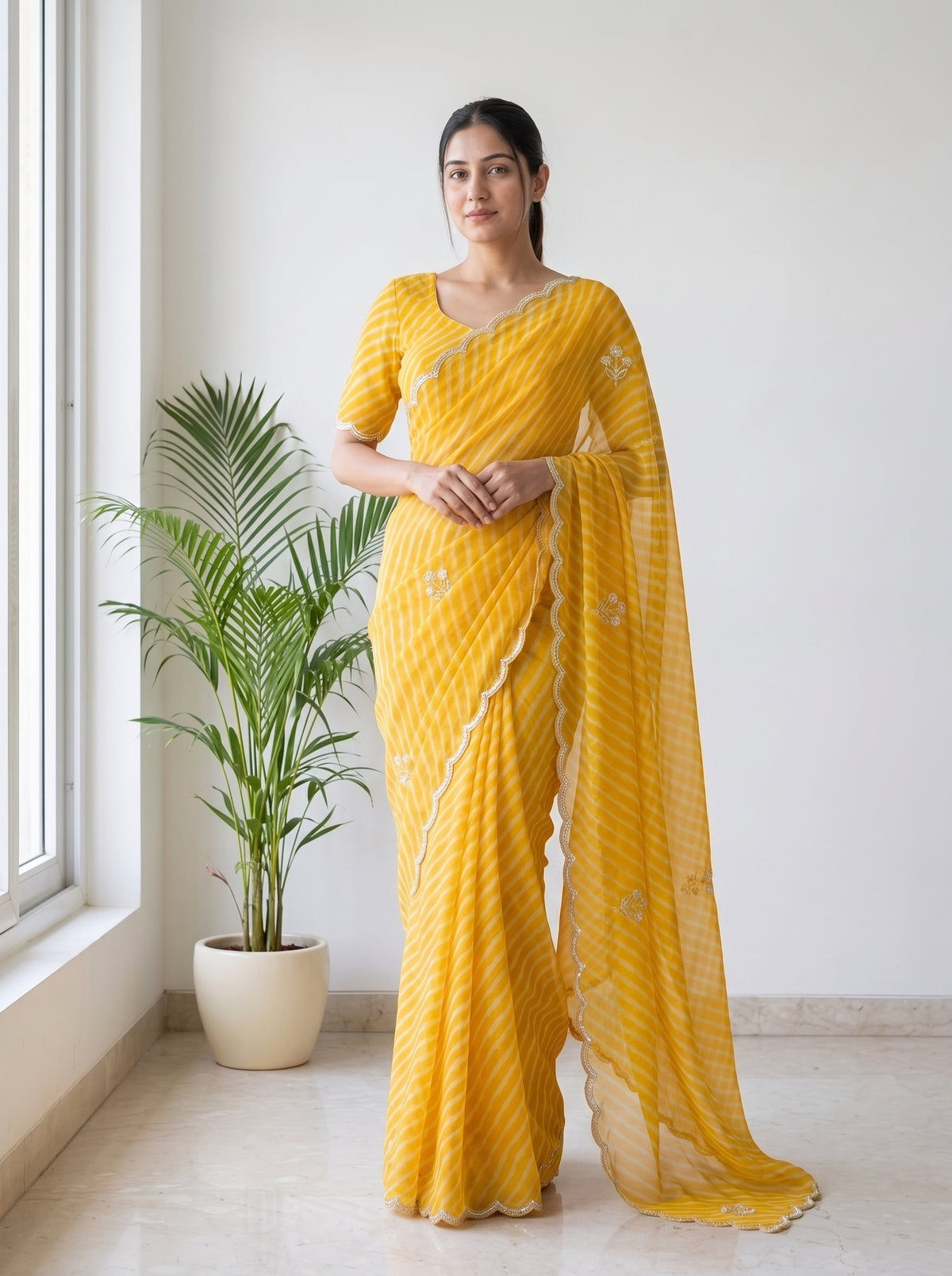 Yellow Leheriya Georgette Saree with Pearl Work & Blouse Piece