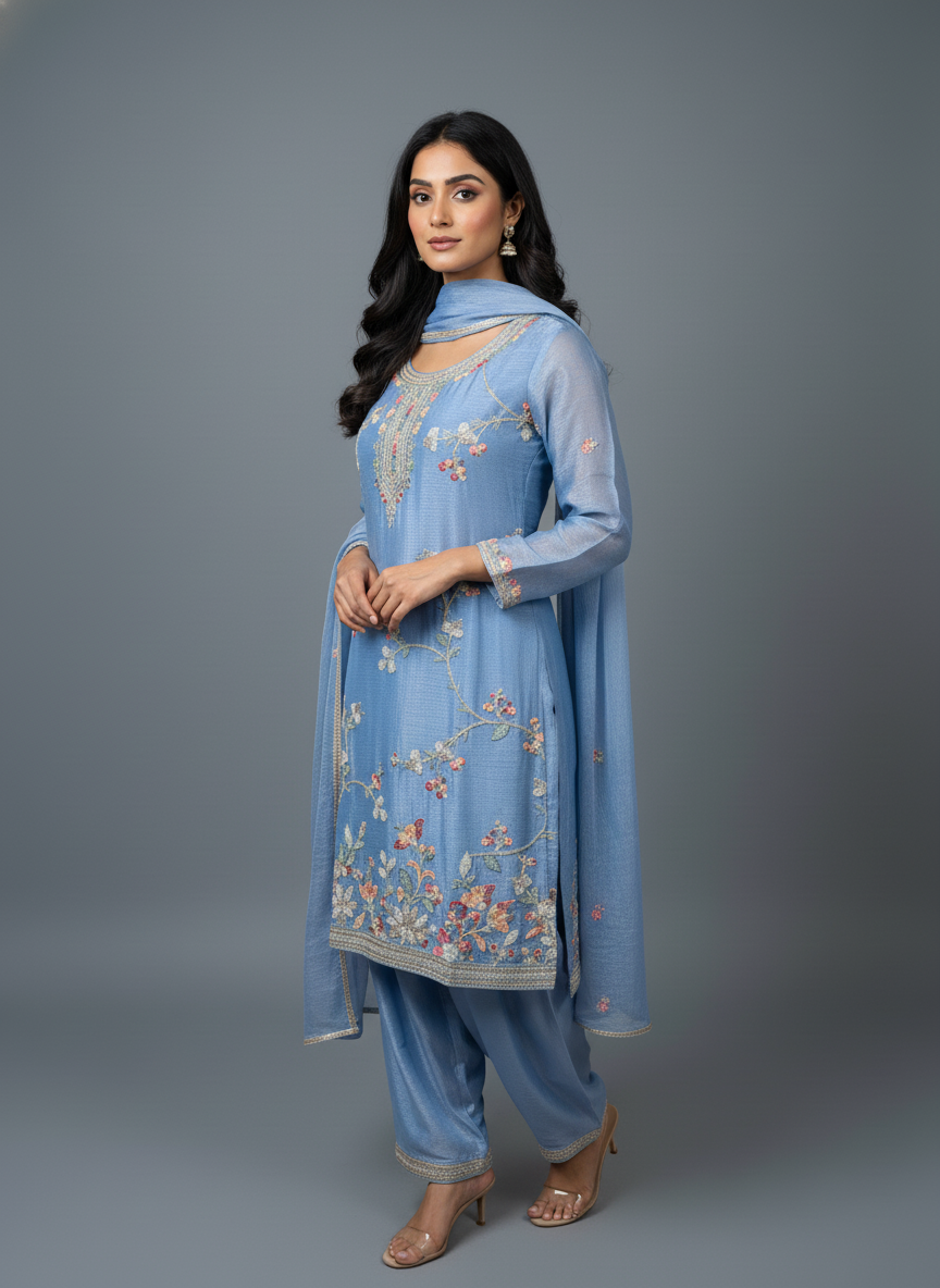 Powder Blue Floral Embroidered Kurta Set – Serenity