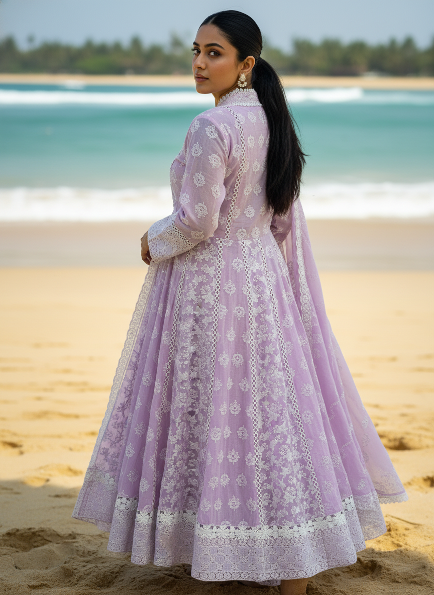 Lavender Chikankari Cotton Anarkali Suit for Women – Embroidered Ethnic Kurta Set