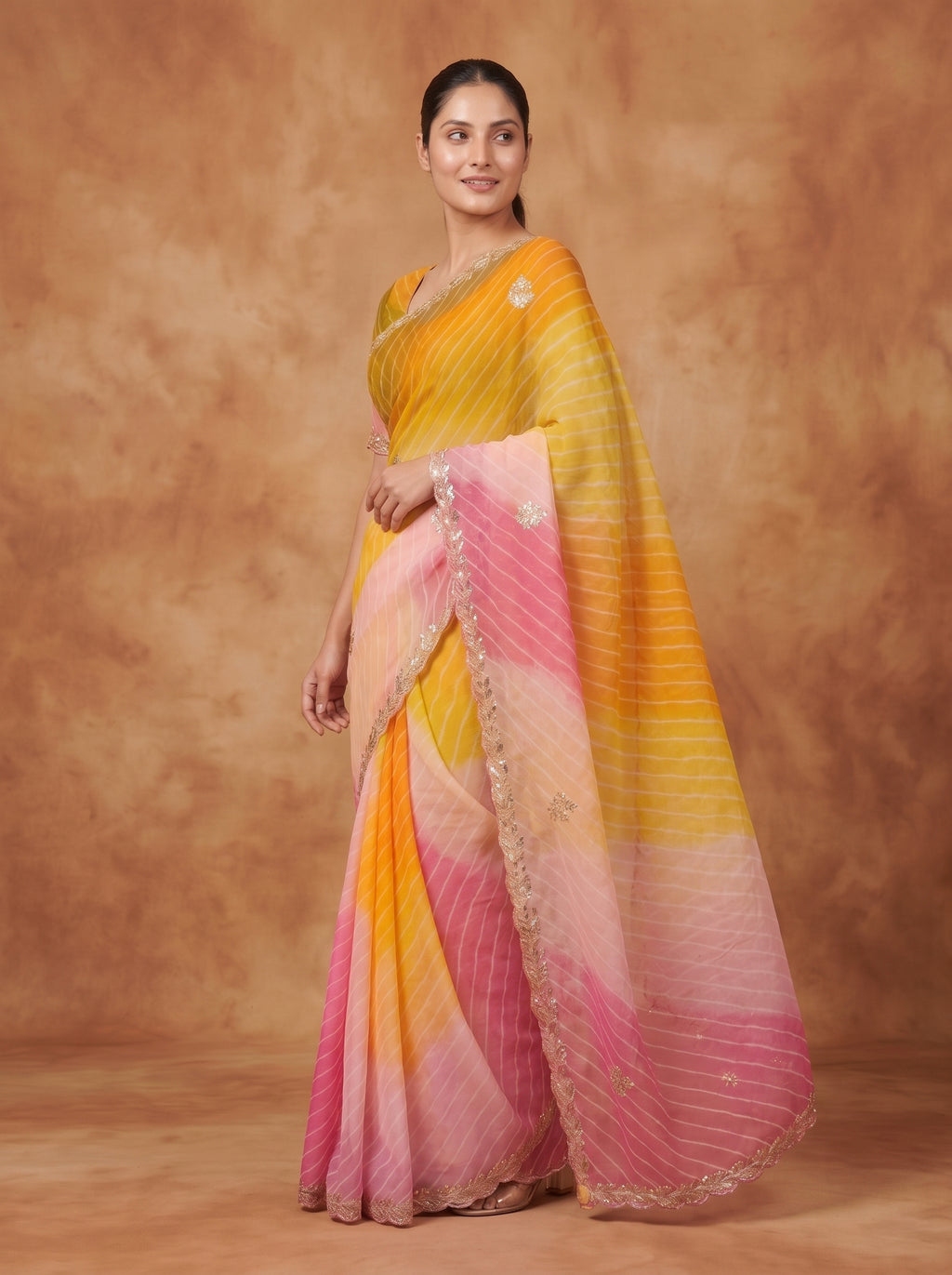Yellow & Pink Leheriya Georgette Saree with Kat Dana Work & Blouse Piece