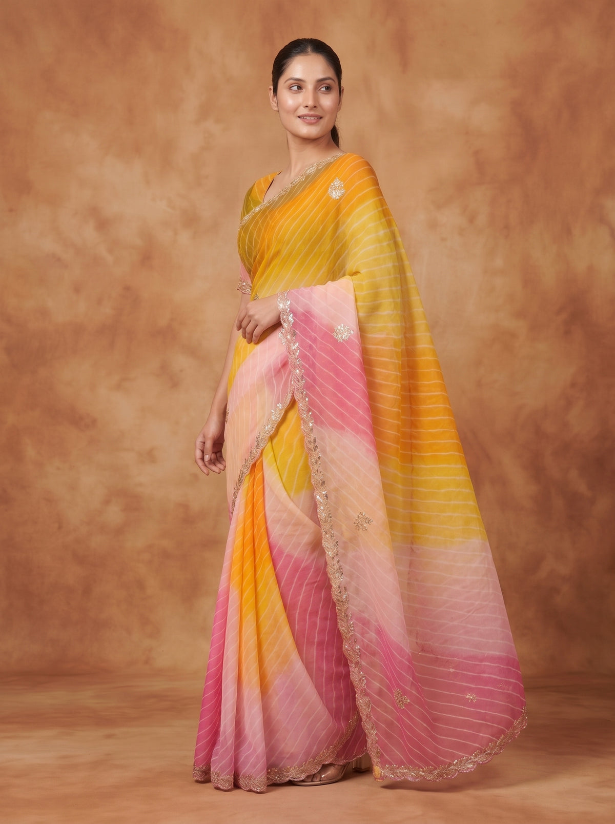 Yellow & Pink Leheriya Georgette Saree with Kat Dana Work & Blouse Piece