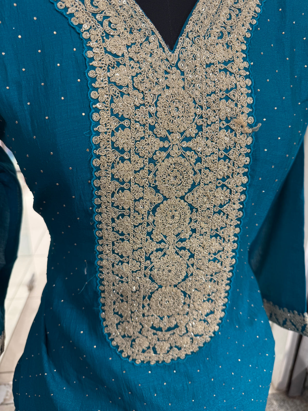 Regal Firozi Viscose Anarkali Suit Set with Heavy Gold Zari Embroidery