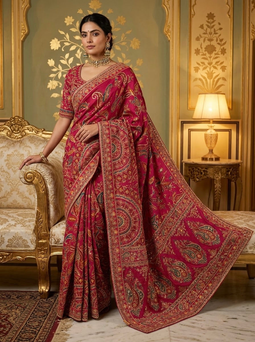 Crimson Red Kalamkari Embroidered Saree with Paisley Pallu