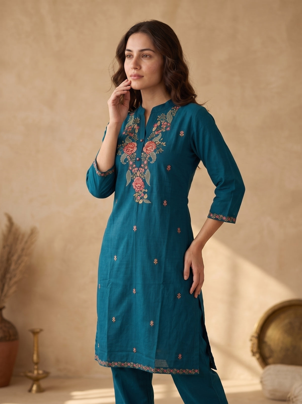 Teal Blue Floral Embroidered Linen Cotton Kurta Pant Set