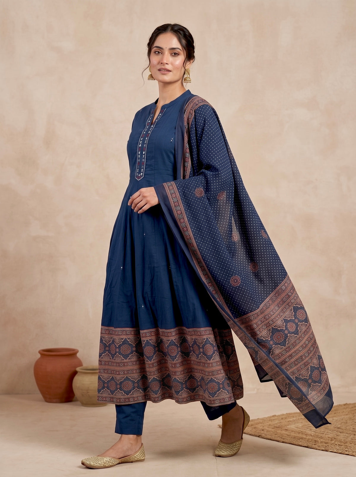 Navy Ajrakh Border Cotton Anarkali Set