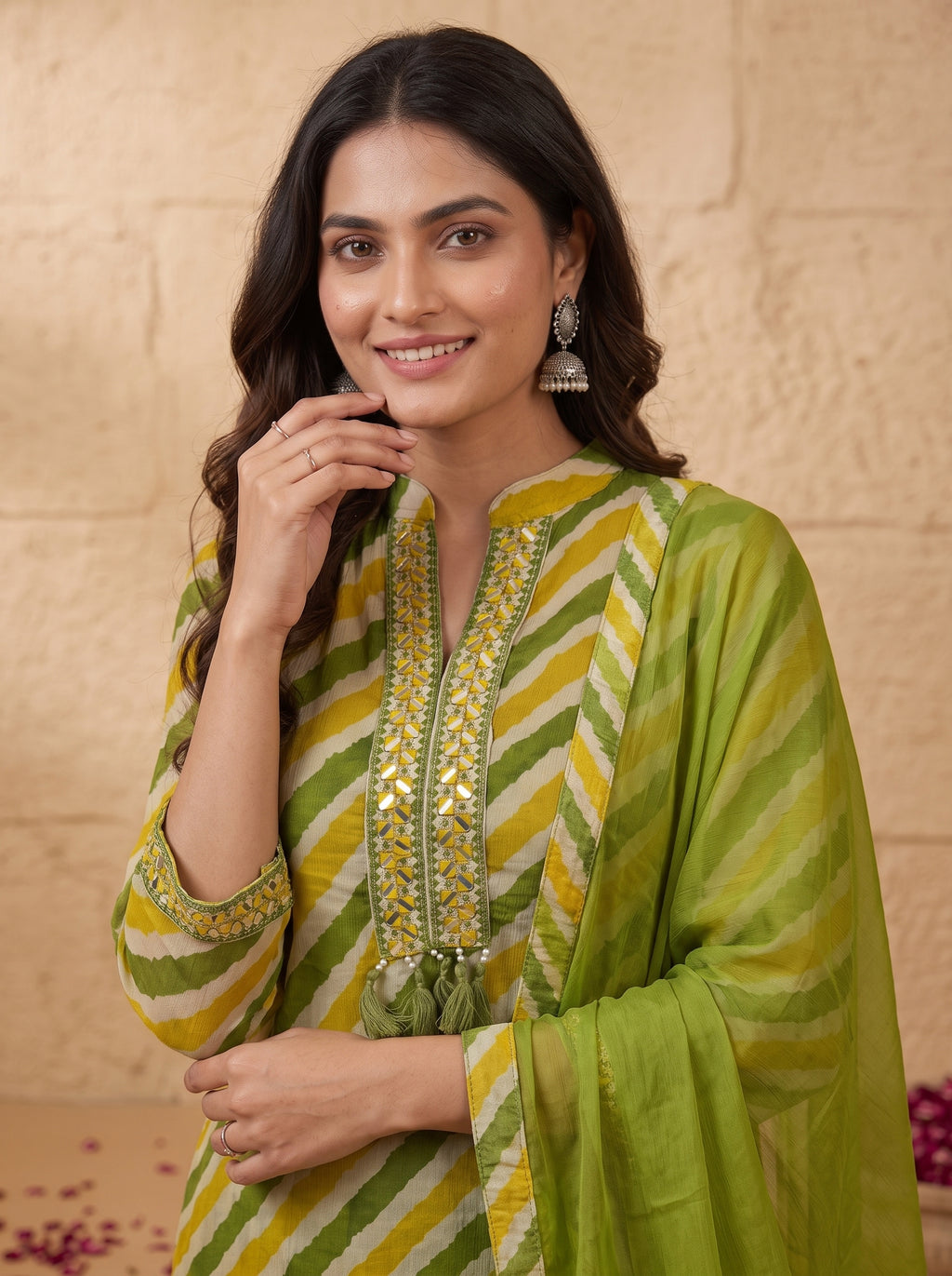 Green Leheriya Chinon Kurta with Salwar Set
