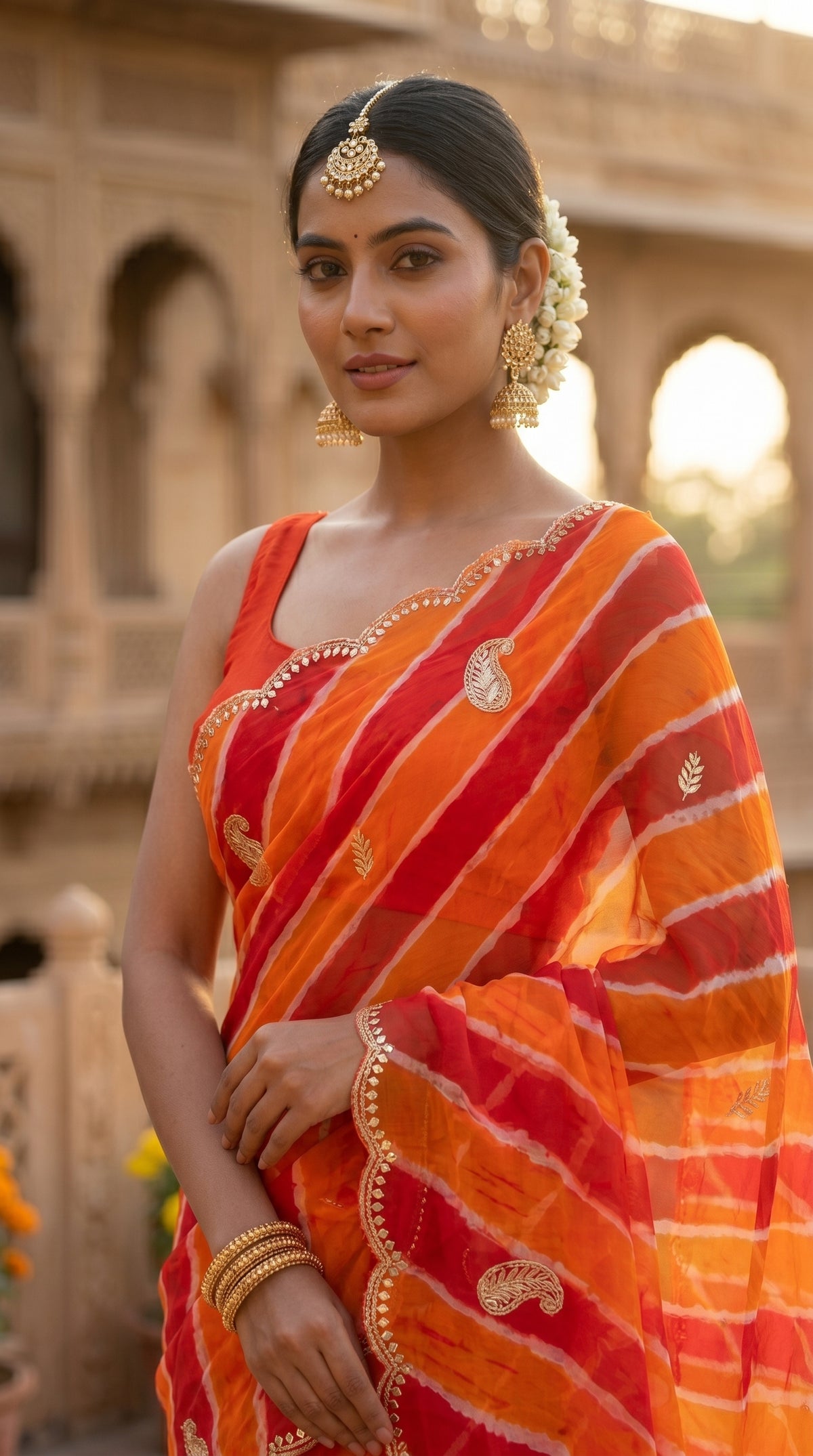 Orange & Red Leheriya Georgette Saree with Embroidered Border & Blouse Piece