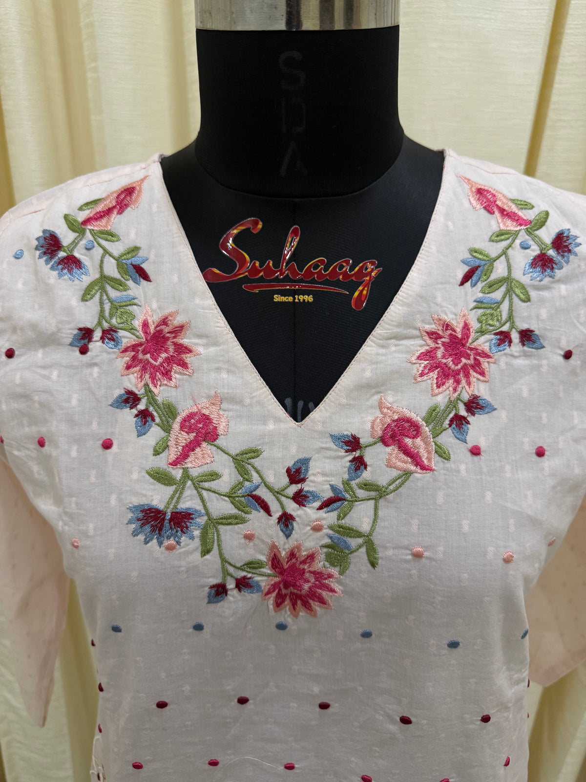 Nude Pink Embroidered Cotton Kurta Set for Women – Scalloped Hem Ethnic Suit