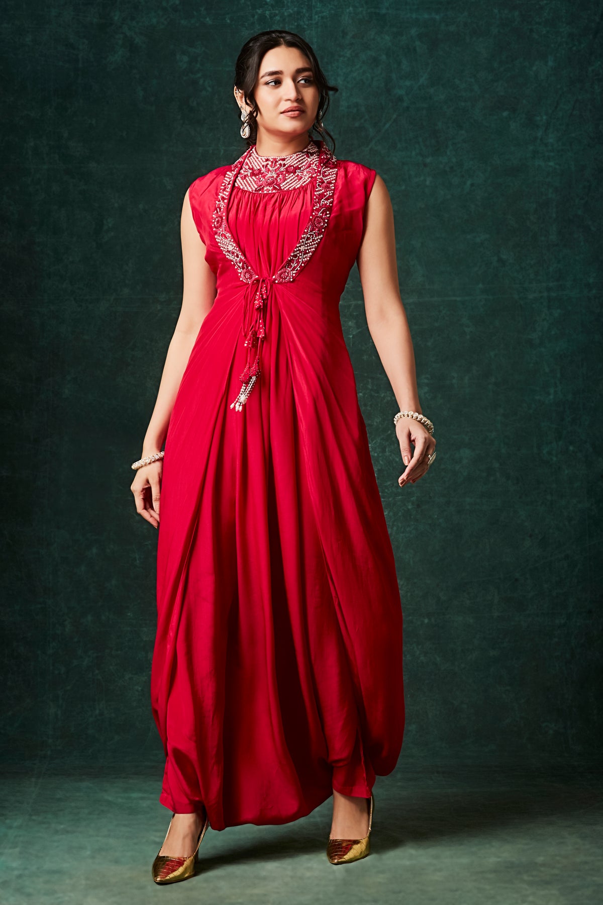 Ruby Red Moroccan Drape Jumpsuit with Beaded Neckline