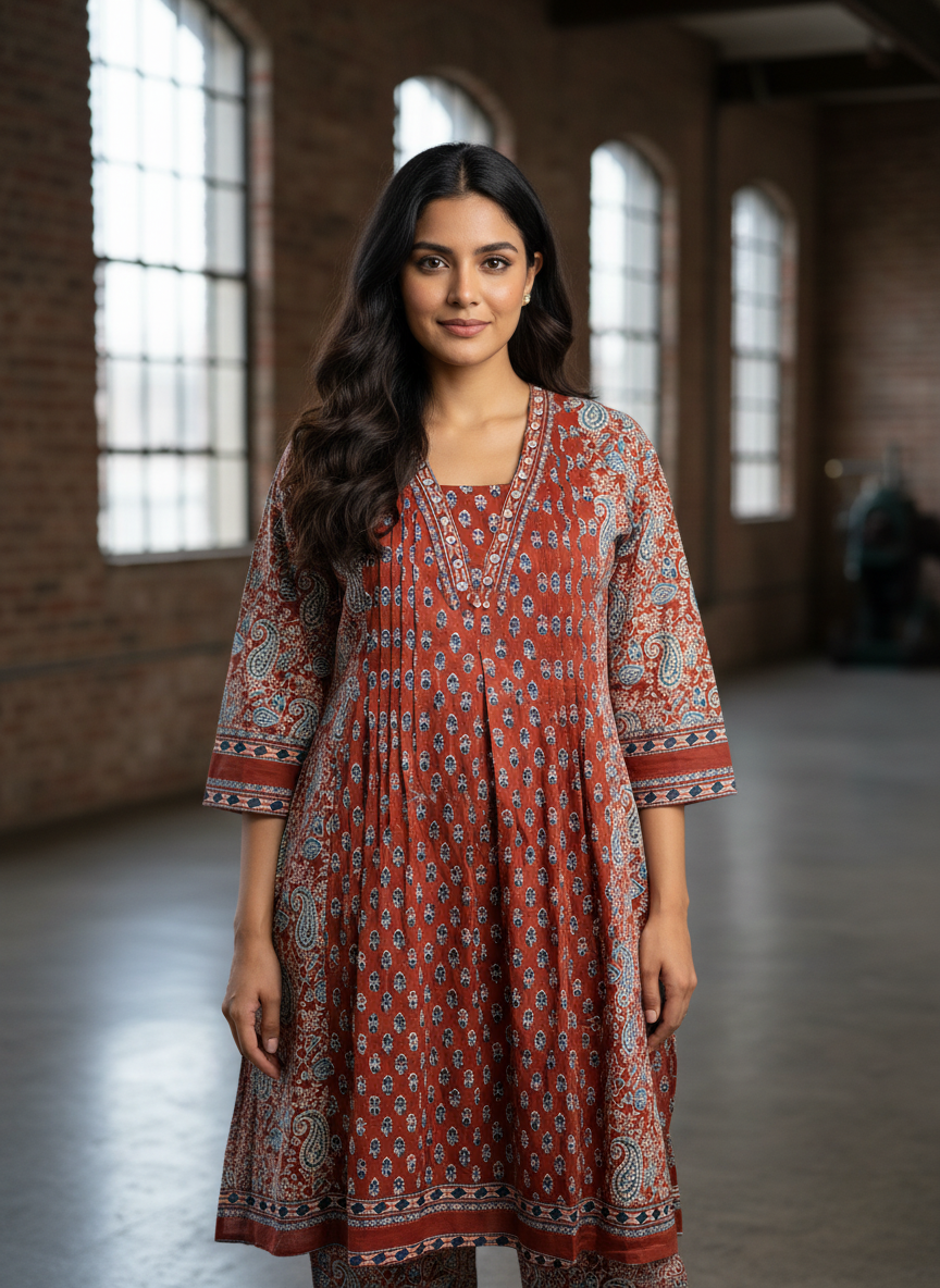 Rust and Indigo Ajrakh Cotton Kurta Set for Women – Block Print Ethnic Suit