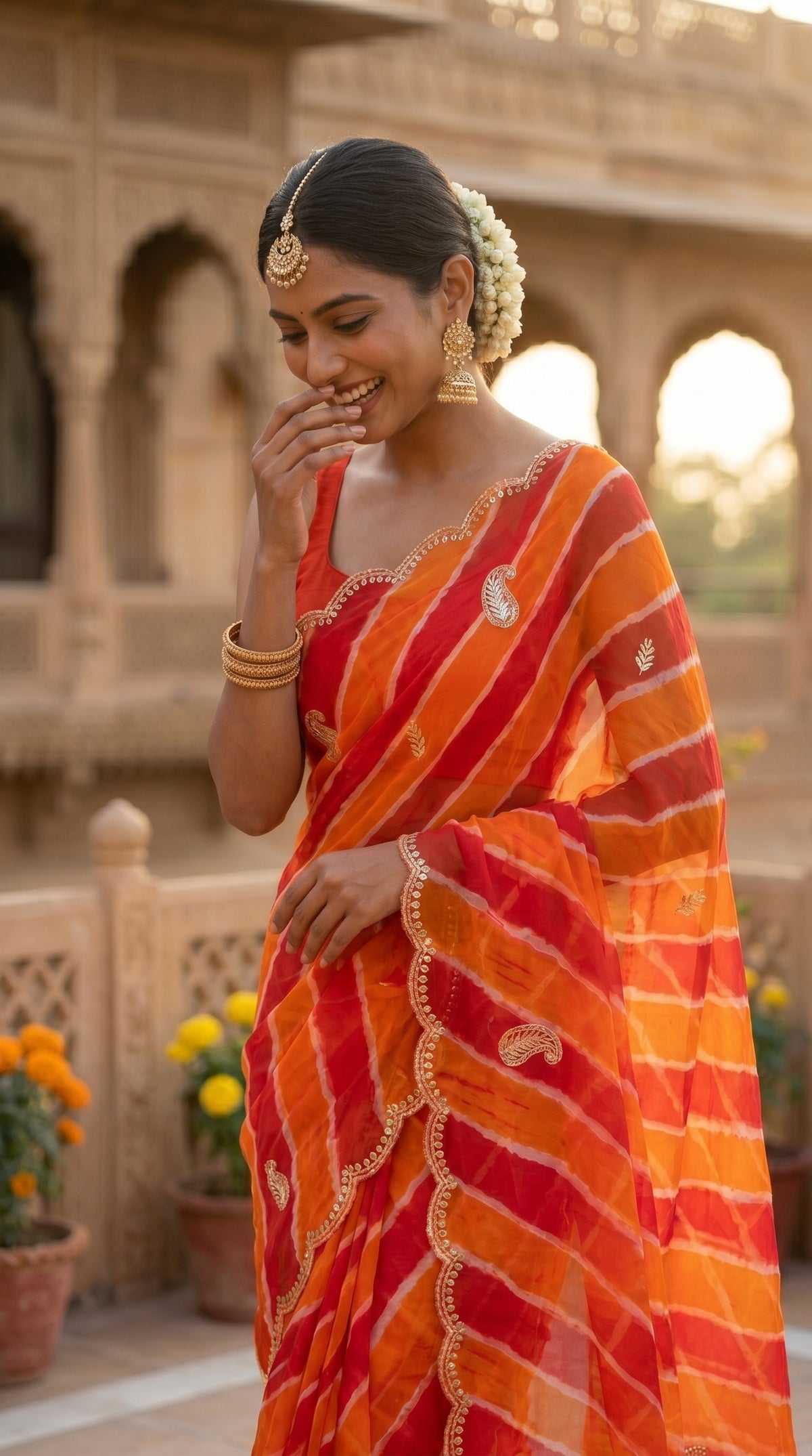 Orange & Red Leheriya Georgette Saree with Embroidered Border & Blouse Piece
