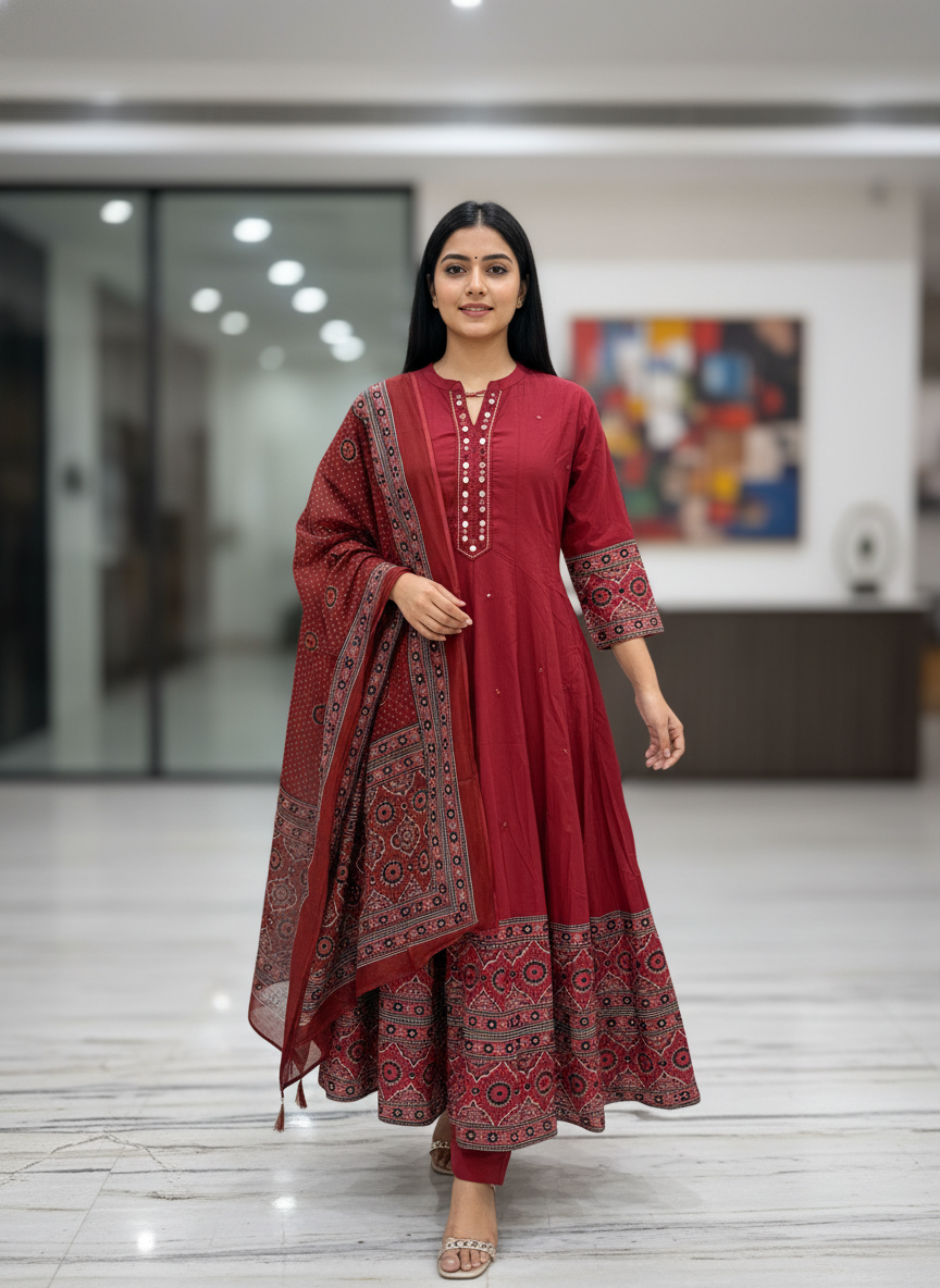Brick Red Ajrakh Print Cotton Anarkali Suit for Women – Block Print Ethnic Kurta