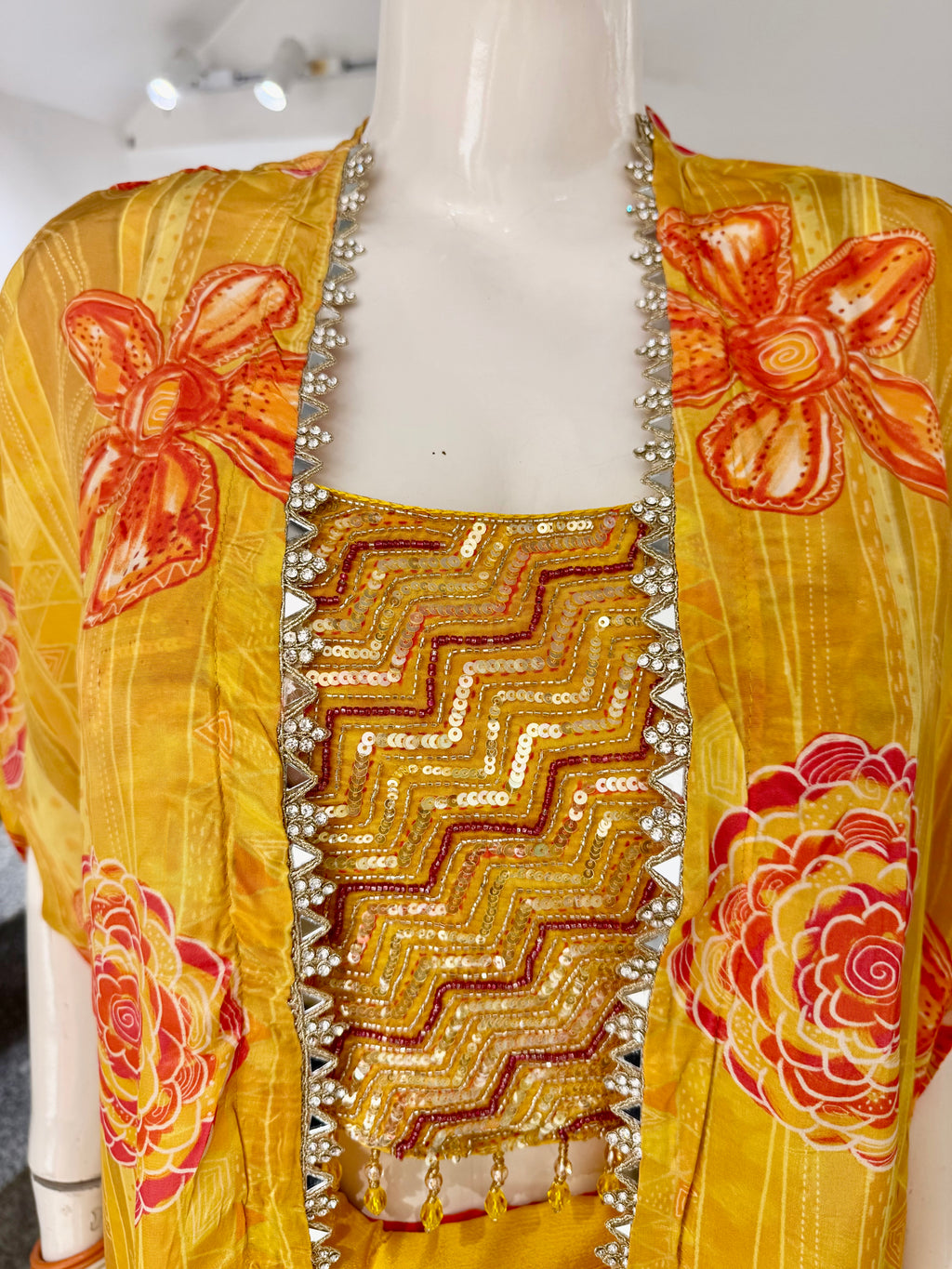 Sunshine Yellow Silk Indo-Western Set with Floral Shrug and Embroidered Crop Top