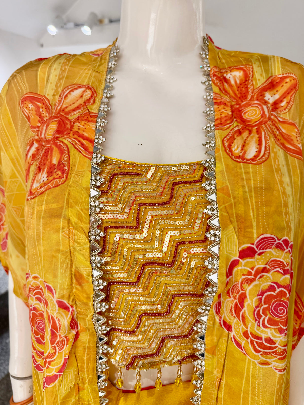 Sunshine Yellow Silk Indo-Western Set with Floral Shrug and Embroidered Crop Top