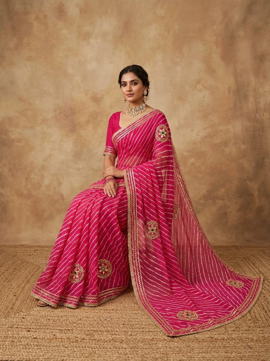 Rani Pink Leheriya Georgette Saree with Gota Mirror Motifs